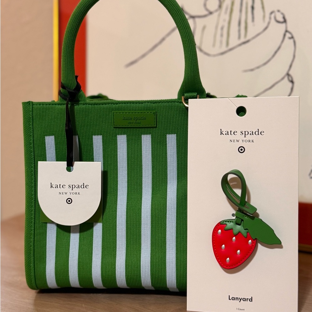 Kate Spade x Target Green Blue Stripe Crossbody Bag with strawberry lanyard NWT